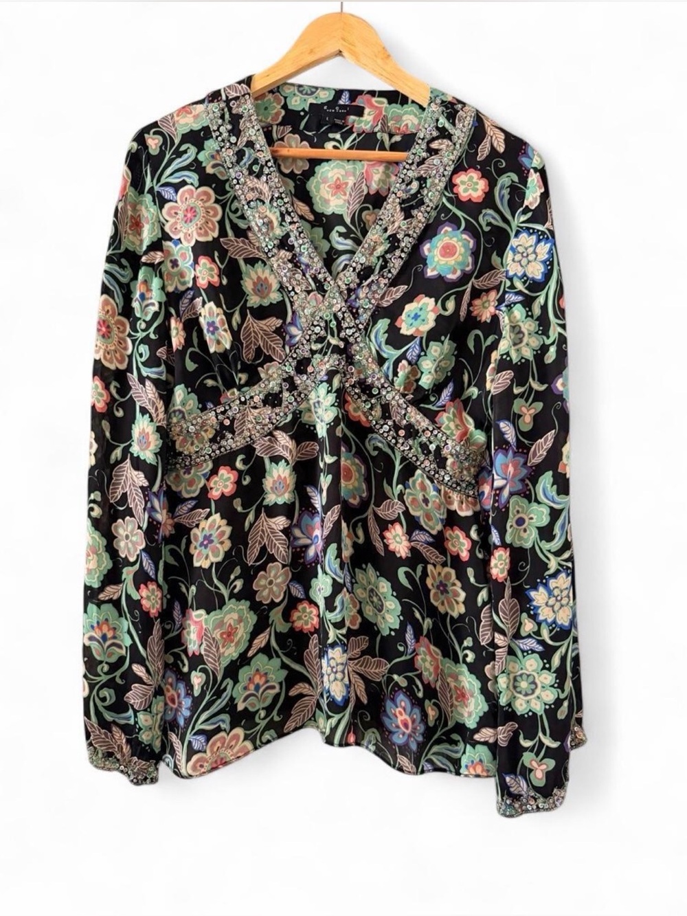 ECI Black Floral V-Neck Beaded Blouse